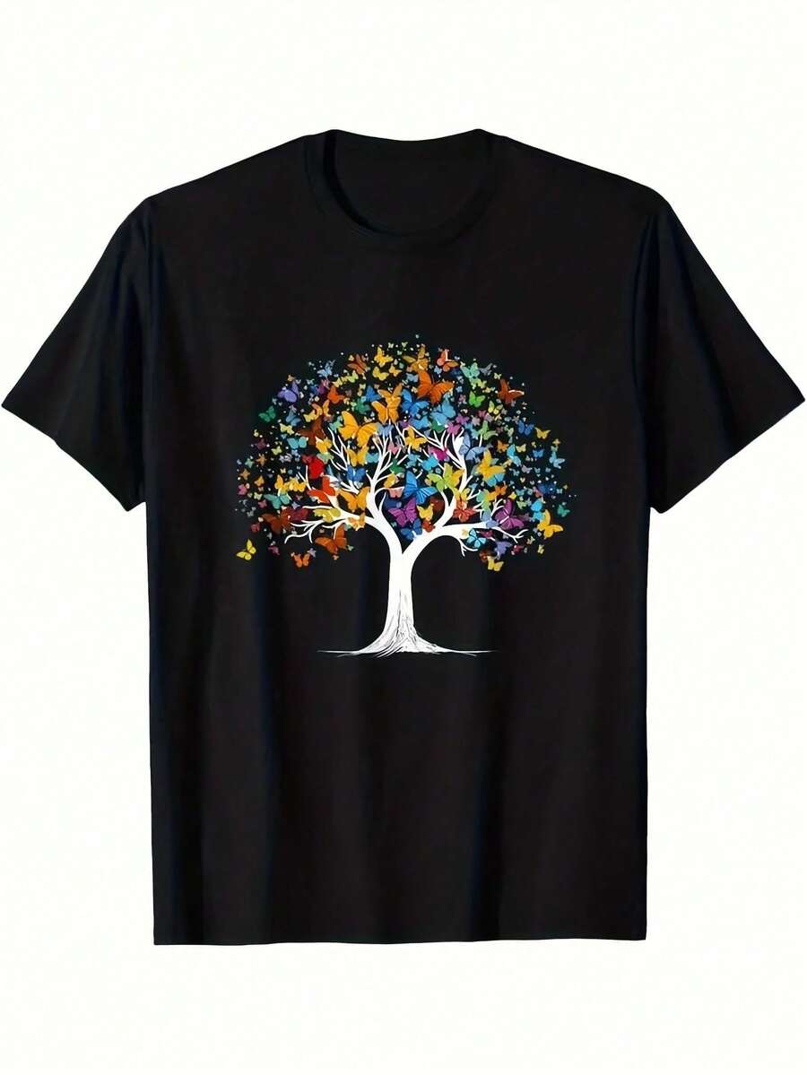 Vibrant Monarch Butterfly Print, Lightweight And Breathable, Short Sleeve, Round Neck, Casual T-Shirt For Everyday Wear, Outdoor Sports, Spring/Summer/Autumn, Sizes XL - 5XL - 黑色 5 - 查看 1