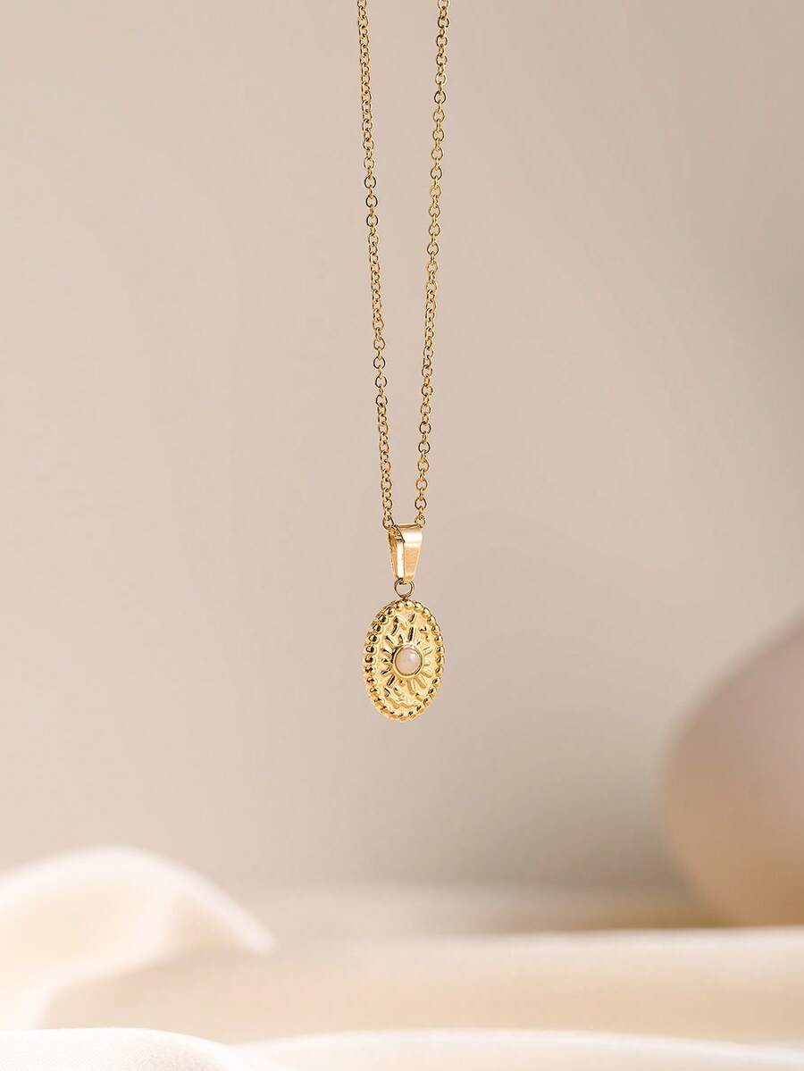 1pc Niche Vintage Stainless Steel 18K Gold Plated Oval Sun White Stone Pendant Necklace, Hypoallergenic Minimalist Versatile Commuter Collarbone Chain For Women - Gold - View 1