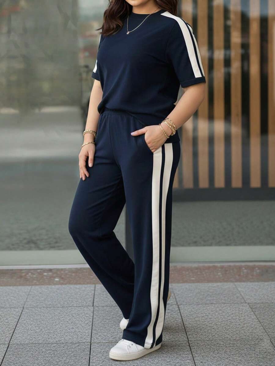 春夏大尺碼女款新款圓領拼色條紋短袖T恤與休閒日常彈性腰鬆身長褲兩件式優雅套裝 - 藏青色 - 查看 1