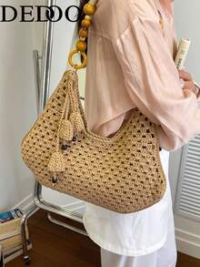 Dedoo 女款編織單肩托特包，鏤空鉤針花紋，大容量，適合年輕女性春/夏旅行與通勤 - 彩色 - 查看 11