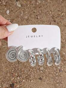 3/9 Pairs Large C-Shape/Starfish/Shell Shaped Silver-Plated Women's Earrings Set, Suitable For Beach Vacation And Daily Wear - Silver Gray - View 12