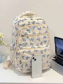 3pcs Nylon Bow Print Backpack Set, Foldable Multi-Po Cket Large CapacityWater-Resistant Zipper Backpack Suitable F Or Teenagers, High School - Blue - View 4
