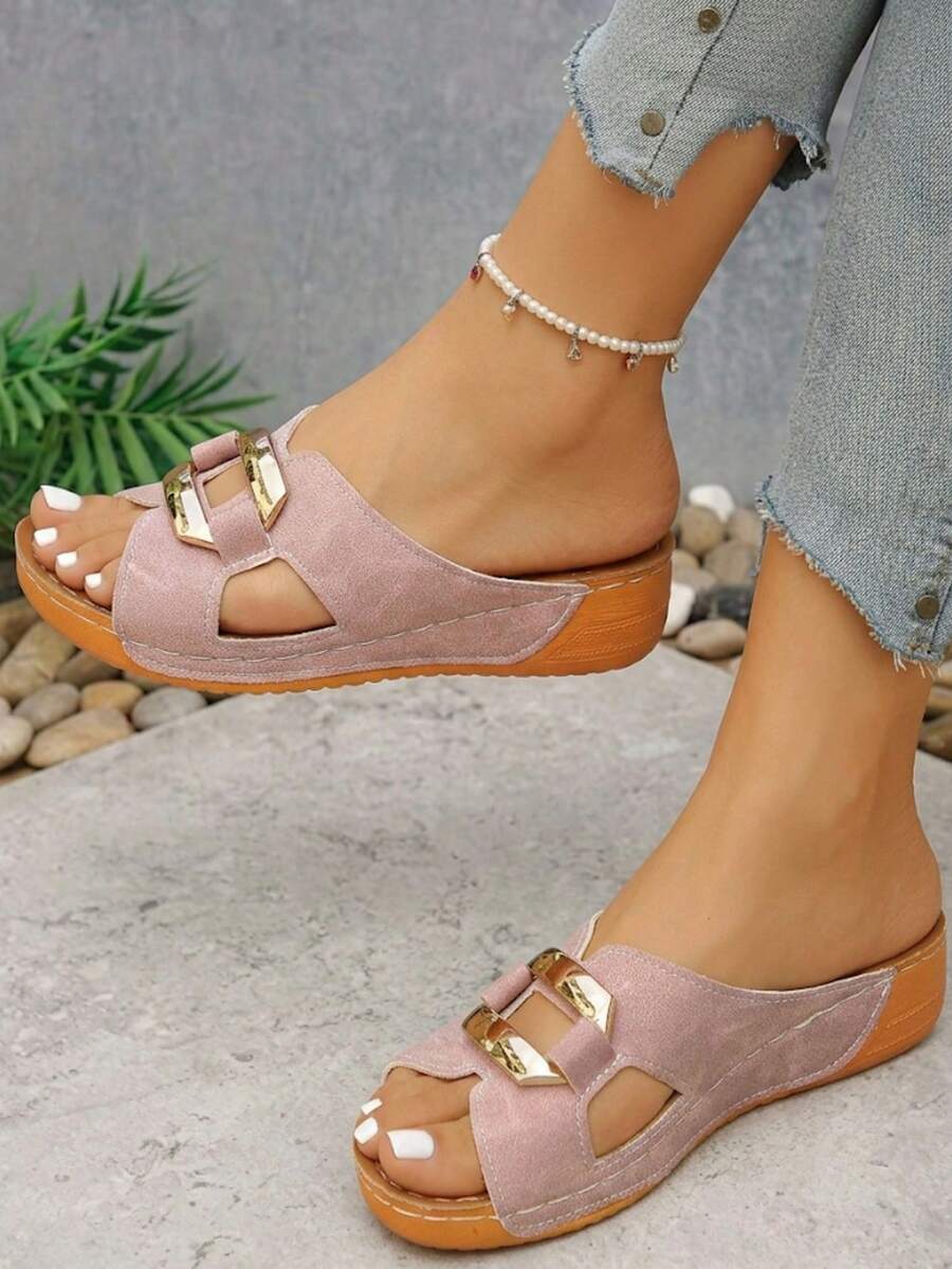 Wide Fit Women's Metal Square Buckle Hollow Out Plus Size Wide Last Wedge Heel Thick Sole Slip-On Sandals Lightweight Pink Wedge Slides European And American Style Summer Daily Outdoor Wear Plus Size Beach Pink Sandals Suitable For Wide Feet