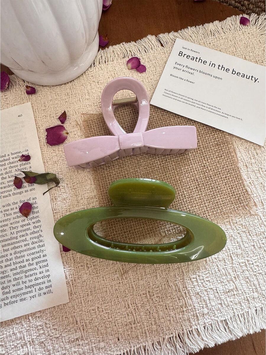 Set 2 bucăți cleme de păr din material ABS verde măsliniu și roz, semicirculare, golite, cu etichetă aurie tip os de dragon, pentru coadă jumătate ridicată, organizator pentru păr lăsat, clemă pentru ceafă, organizator pentru secționarea părului, stil relaxat, modificator de formă a capului, stil boem pastoral, textură moale, stil casual de stradă, accesorii de păr pentru ceaiul de la prânz și vacanță la plajă - Multicolor - Vizualizare 1