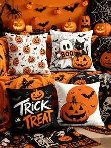 1/4pcs New Halloween Pattern Pillowcase, Halloween-Themed Cushion Cover, Decorative Pillowcase, Square Pillowcase, Halloween Decoration, Decorative Pillow, Suitable For Living Room, Sofa, And Bedroom Party Decoration, Pillow Insert Not Included - Multicolor - View 6