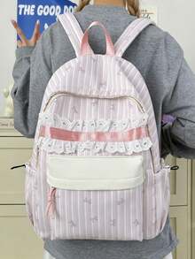 Cute Bow Striped Backpack, Ultra-Light Teen Student School Bag, Women's Casual Daily Commute Backpack, Back To School Season - Multicolor - View 8