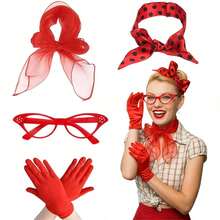 Set de 5 piezas de disfraz retro pop de los años 40-50, diadema con lunares rojos, gafas de ojo de gato, guantes de satén, atuendo estilo rock, adecuado para juego de roles de mujeres, fiesta de Halloween, fiesta temática de los años 40-50, mascarada, uso diario y reunión temática - Multicolor - Ver 7