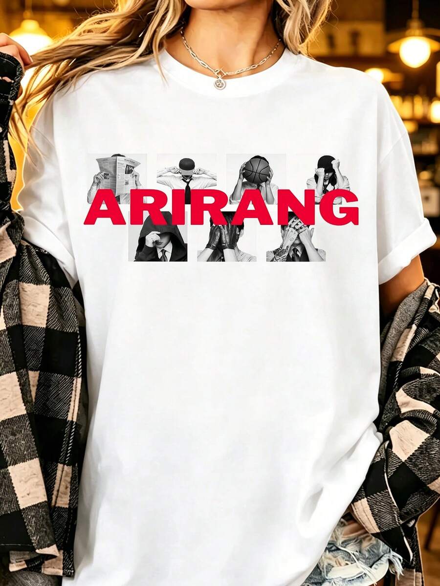 BTSS Arirang Street Fashion T-Shirt, 7 Paneele in Schwarz und Weiß mit verstecktem Gesichtsprofil und kräftigem roten Arirang-Druck, Unisex, lässig, urban, Streetwear, Oberteil für Damen. - Weiß - Übersicht 1