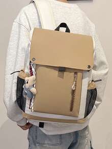 Mochila minimalista con solapa, bolsillo frontal con cremallera, colgante extraíble, correas de hombro ajustables, mochila de moda diaria para mujeres - Caqui - Ver 6