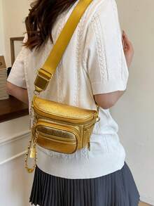 2026 Women's One Shoulder Chest Bag Korean Style Multi-Color Dual Compartment Crossbody Camera Bag Rivet Design - Gold - View 3