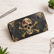 Skull And Bone Design Long Wallet With Zipper, This Multifunctional Handbag Includes Card Slots, Card Holder And Coin Pocket. It Features A Fashionable Double-Sided Pattern, Perfect For Both Men And Women. - Multicolor - View 7