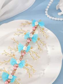 1pc Bohemian Vintage Fairy Tale Style Blue & Pink Floral Pearl Tiara, Bridal Wedding Accessory, Girly Wedding Dress Headpiece - Blue - View 2