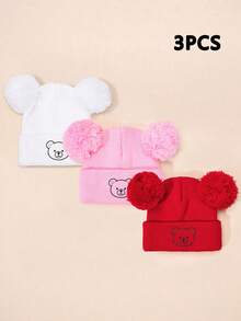 3pcs/1pc Embroidered Round Face Bear Kids Double Pom Pom Knitted Hat, Ski Warm Baby Boy Girl Unisex Hat, Y2K Style Outdoor Cold-Proof Knitted Beanie, Casual Versatile Winter Warm Hat For Daily Wear, Costume Kids - Knitted Hat - View 29