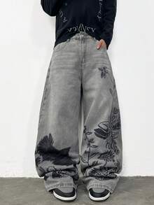 Justice Brother 1pc American Streetwear Personalized Embroidered Men's Denim Jeans Casual All-Season Loose Wide Leg Long Pants (Belt/Accessories Not Included) - Grey - View 8