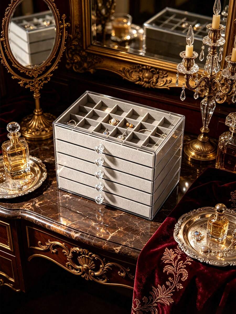 1 Stück 5/3/1 Schicht transparente Acryl Samt Schmuckaufbewahrungsbox, Mehrfach-Fächer Organizer für Ohrringe, Ringe, Halsketten, Schminktisch Heimgebrauch, Geschenkfertiger luxuriöser Schmuckorganizer mit großer Kapazität