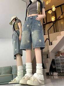 YCYC 美式復古牛仔 5 吋女款短褲，街頭直筒寬鬆修身顯瘦寬腿褲 - 淺色水洗藍 - 查看 4