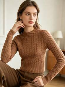 Light 's Cropped Sweater With Braids, Long Sleeves, Round Neck And Ribbed Trim, Ideal For Autumn And Winter. - Khaki - View 1