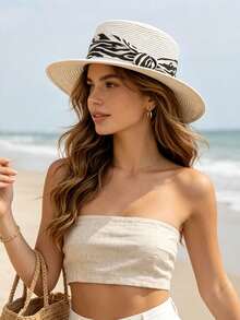 1pc Women's Straw Hat Bohemian Polyester Fashion Outdoor New Style Wide Brim Personalized Sun Protection Breathable Solid Color Straw Hat Suitable For Daily Outdoor Use - Multicolor - View 2