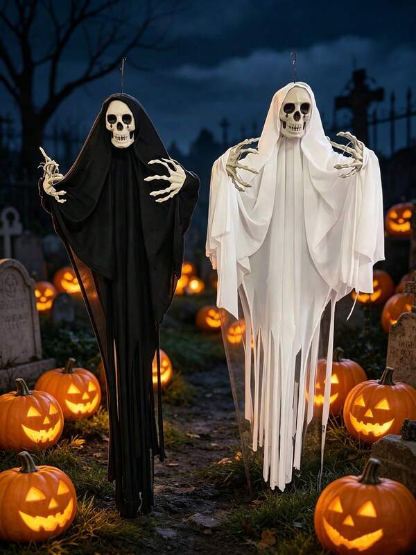 39 Inch Halloween Scary Skeleton Ghost Hanging Decor, Black And White Color Scheme Thrilling Hanging Prop, Suitable For Haunted House, Escape Room, Outdoor Garden Yard Theme Party Holiday Decoration