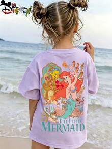 Disney Mermaid Princess Ariel Double-Sided Print Kids' T-Shirt, Cute Cartoon Casual Tee, Perfect For Daily Wear,  Family Outings And Beach Trips - 淡紫色 - 查看 2