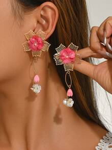 1 Pair Elegant Vintage Exaggerated Sexy Bohemian Petal Flower DIY Handmade Woven Small Stone & Resin Tassel Pendant Earrings, New Lotus And Lake Blue Petal Styles Available, Suitable For Sexy Girls Party Holiday Festival Wear, Valentine's Day Gift, Small Stone Size Shape And Weight Variations Are Normal - Multicolor - View 2