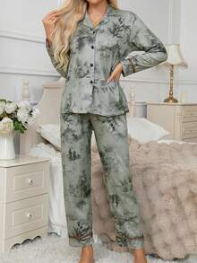 2 件套女士植物印花翻领长袖家居服套装，秋季，两件套 - 青碧色 - 查看 6