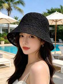 Women's Knitted Straw Double Layer Bucket Hat - Hollow Out Breathable Foldable Wide Brim, Summer Beach Fashion Choice - One Size - View 1