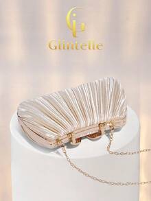 Glamor Vibe Women's Fashion Satin Pleated Box Clutch, Diamond Hardware Flap Design Handbag, Luxurious Exquisite Box Pleated Handbag, Suitable For Weddings, Celebrations, Formal Occasions, Party Clutch/Shoulder Bag, High Quality Apricot Pleated Evening Chain Shoulder/Crossbody Bag - Apricot - View 5
