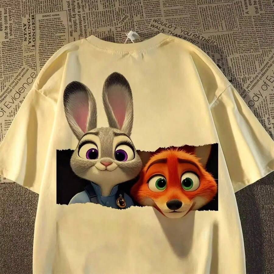 Disney Zootopia Judy Nick Paper Break Style Adult Children's Pure Cotton T-Shirt Multi Color Loose Cartoon Casual Sports Top - AT33242 - View 1