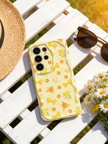 1 pieza Funda de teléfono con textura suave de TPU, diseño creativo y personalizado de onda de dopamina con volantes, patrón de girasol y lazo en color crema, compatible con Galaxy S21 S22 S23 S24 S25 S26//Honor// y otros modelos - Blanco - Ver 1