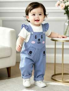 Baby Girl 6M-3T Denim Overalls, Denim Jumpsuit, Cartoon Rabbit Overalls, Toddler Casual Pants, Cute Baby Long Pants, Breathable, Suitable For Daily Outdoor Photography - Blue - View 7