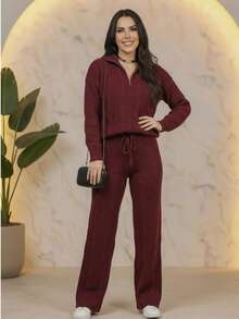 Knitted Set With Zippered Blouse And Pants. - Red - View 5