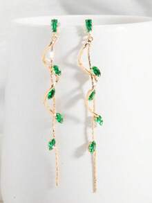 1 Pair Fashionable High-End Elegant Leaf, Star, Water Drop Shape Chain Tassel Women's Luxury Shiny Green Long Pendant Earrings, Suitable For Daily Wear, Wedding, Evening Party, Glamorous Dress Accessory, Gift For Female Friends - Multicolor - View 1