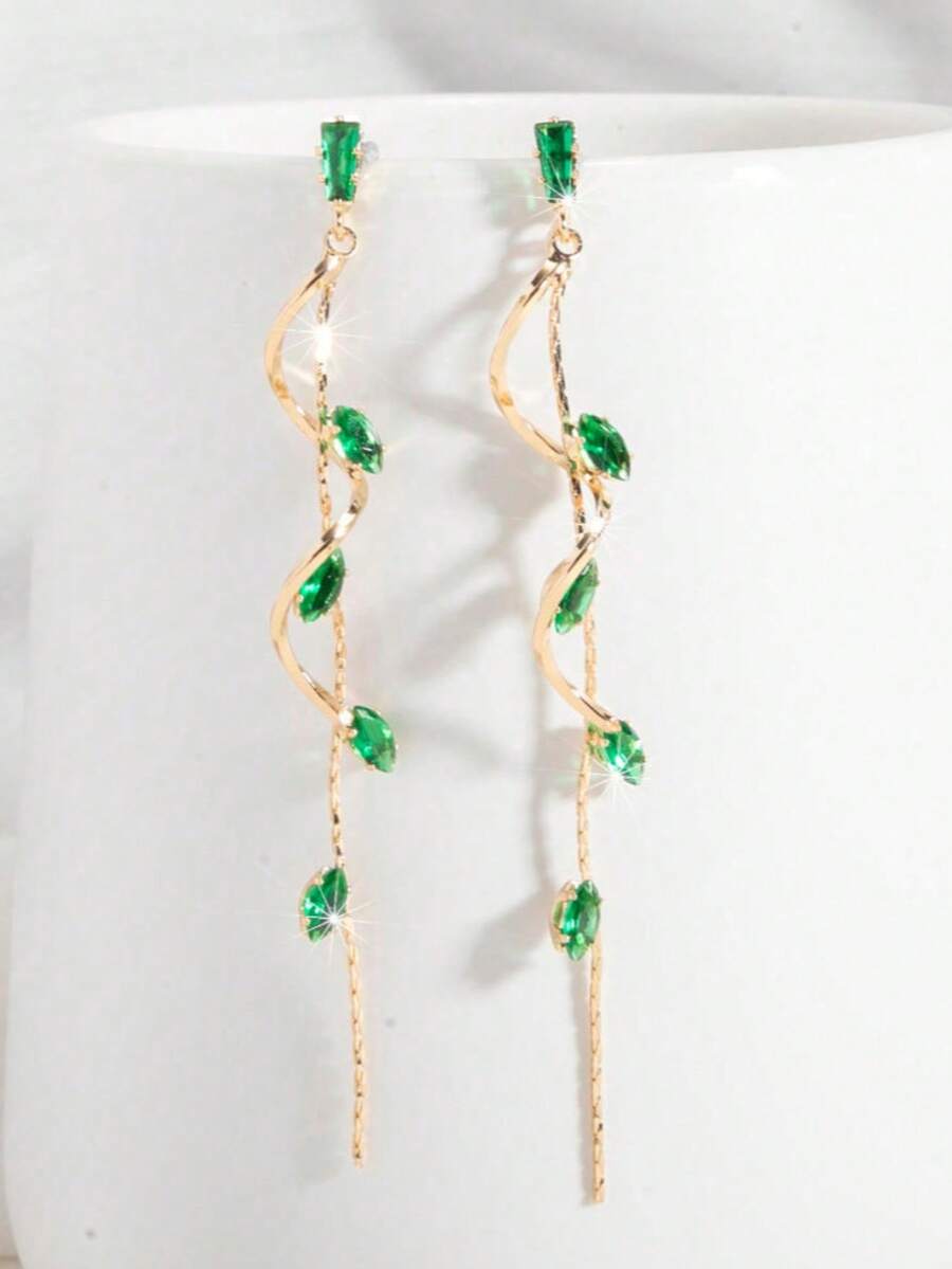 1 Pair Fashionable High-End Elegant Leaf, Star, Water Drop Shape Chain Tassel Women's Luxury Shiny Green Long Pendant Earrings, Suitable For Daily Wear, Wedding, Evening Party, Glamorous Dress Accessory, Gift For Female Friends - Multicolor - View 1