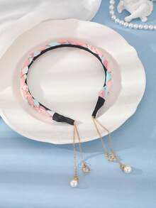 1pc Bohemian Vintage Mori Style Pink & Blue Braided Headband, Wedding Bridal Accessory, Light Pink Soft Glow Ethereal Photography Accessory - Pink - View 4