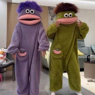 2pcs/1pc/5 Styles: White, Purple, Yellow, Green One-Piece Jumpsuit, Premium Cosplay Loungewear, Unisex Jumpsuit Set, Cartoon Big Mouth Monster Cute Fun Thickened Coral Fleece Loungewear, Couple Pajamas, Cartoon Pajamas
