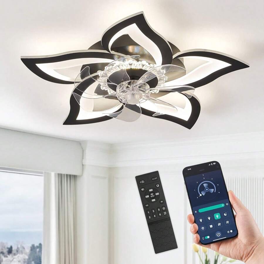 Ceiling Fans With Lights Remote Control, 27" 6 Speeds 3 Light Color Low Profile Flush Mount Ceiling Fan For Kitchen Bedroom - 黑色 - 查看 1