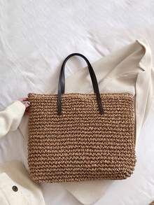 BAILEE Casual Minimalist Vacation Style Solid Color Knit Women's Large Capacity Double Handle Beach Bag, Versatile Gift Choice - Khaki - View 13