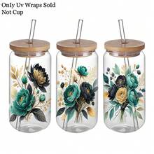 4pcs/Set Elegant Dark Green Gold Floral UV DTF Transfer Stickers, Brown/Green - DIY Craft Decals With Rose And Mixed Flower Patterns, Self-Adhesive For Glass And Wood, Perfect For Mugs And Home Decor Car Stickers Holiday Decorations - Multicolor - View 7