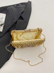 Women's Evening Clutch Bag, Hard Shell Square Box Bag With Floral Rhinestone Pattern, Top Handle And Detachable Chain Shoulder Strap, Suitable For Weddings, Balls And Banquets - Gold - View 8