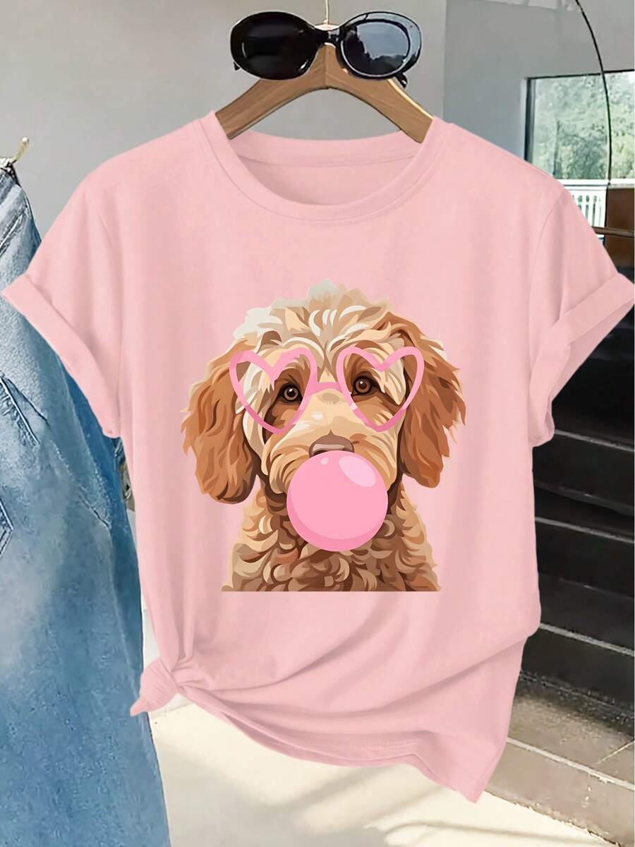 Women's Short-Sleeved T-Shirt With A Fun "Bubblegum" Poodle Print, Round Neck, Machine Washable, Skin-Friendly, Soft, Breathable, Suitable For Spring. - 灰色 - 查看 1