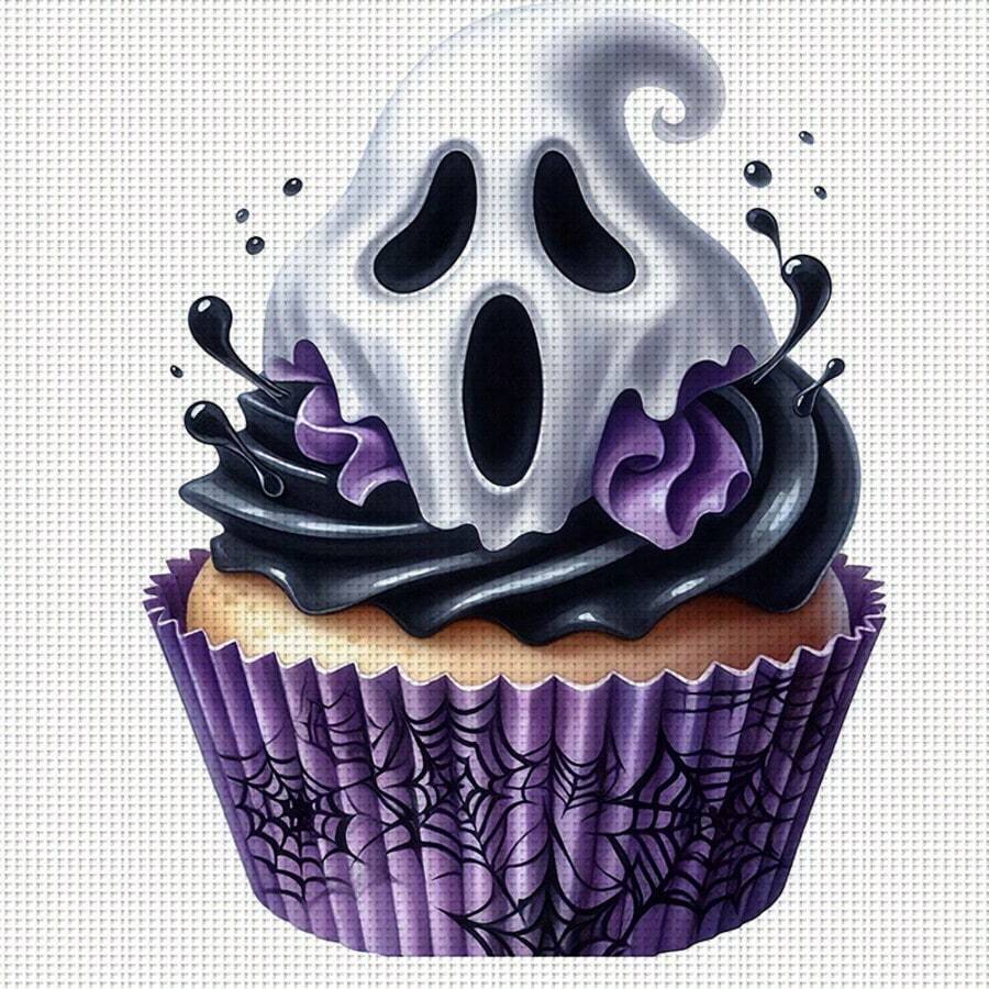 1 Set 46cm/18.11inch Ghost Cupcake Semi-Finished Cross Stitch Kit, DIY Needlework Materials, 11CT Printed Cross Stitch Decor Painting, Creative Handmade Gift, Full Home Decor Craft Set, Frame Not Included