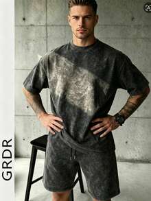 GRDR Men's Printed Washed Crew Neck Short Sleeve T-Shirt And Drawstring Shorts Casual Set - Black - View 3