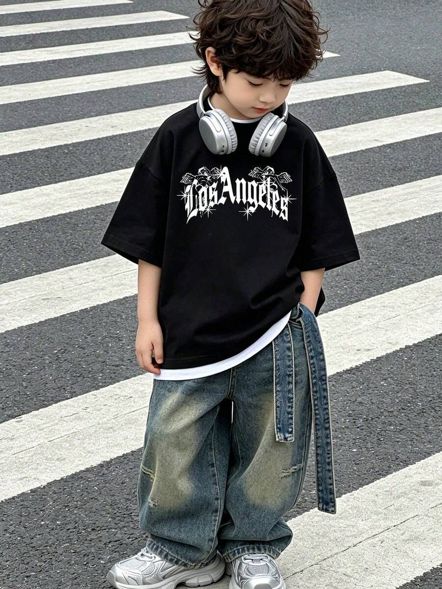 Camiseta informal de manga corta y cuello redondo para niño suave con estampado de Los Ángeles gótico, para primavera y verano.White - Negro - Ver 1