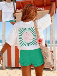 Top da donna ampio, stile retrò, stampato con un motivo a raggiera e la scritta "Ciao Bella", maniche corte casual e scollo rotondo. - Bianco - Visualizzare 1