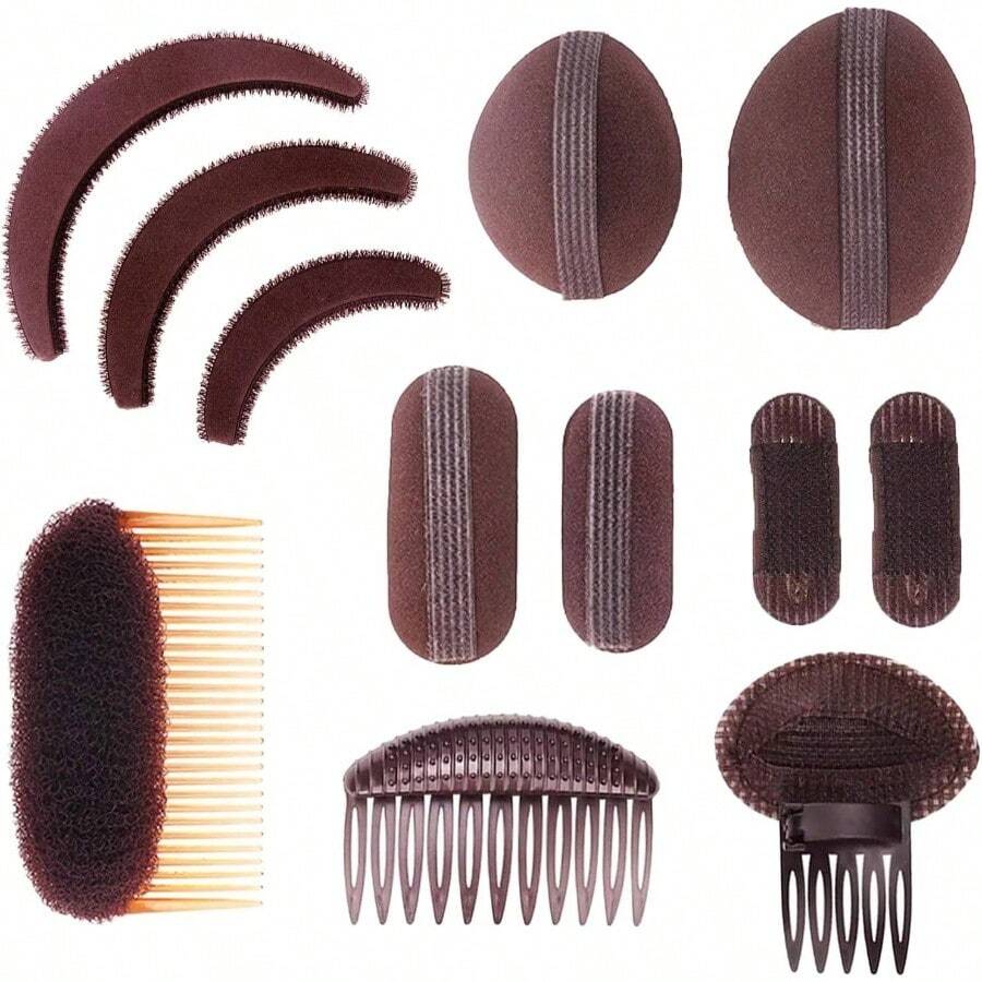 Peine para cabello, herramienta de volumen y almohadillas de pelo falso, 12 piezas, marrn - Café, 12 unidades. - Ver 1