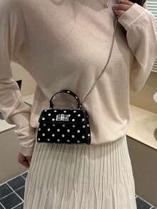 Mini Polka Dot Pattern Flap Square Bag, Handbag/Crossbody Bag/Shoulder Bag, Minimalist Casual Solid Color, Portable And Lightweight, Equipped With Adjustable Shoulder Strap, Suitable For Women, New Career Starters And White-Collar Professionals, Also Suitable For Girls And Ladies, Ideal Choice For Office, Work, Business, Commuting - Black - View 7