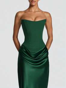 New Women's Sexy Strapless Backless Lace-Up Draped Fitted Dress, Elegant Formal Evening Gown For Wedding Bridesmaid And Formal Occasions - 墨綠色 - 查看 2