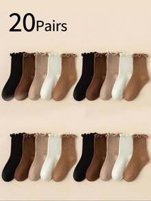 20 Pares de Meias para Meninas, Meias de Cano Médio com Babado de Cor Sólida, Estilo Maillard Coreano Doce e Fofo de Princesa, Combinam com Sapatos de Couro - Multicolorido - Visão 1
