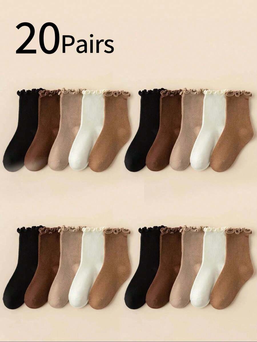 20 Pares de Meias para Meninas, Meias de Cano Médio com Babado de Cor Sólida, Estilo Maillard Coreano Doce e Fofo de Princesa, Combinam com Sapatos de Couro - Multicolorido - Visão 1